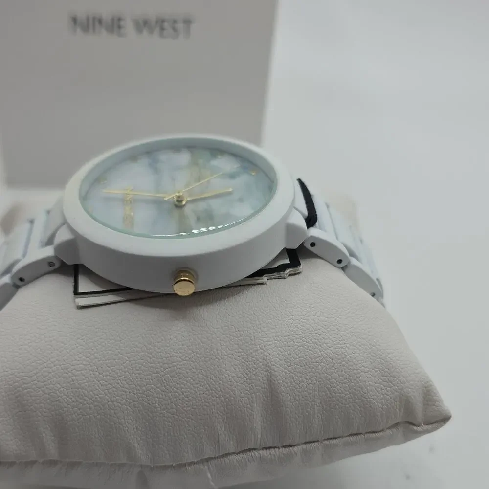 Nine West Women’s Quartz Watch White Ceramic Bracelet Marble Dial w/ Box